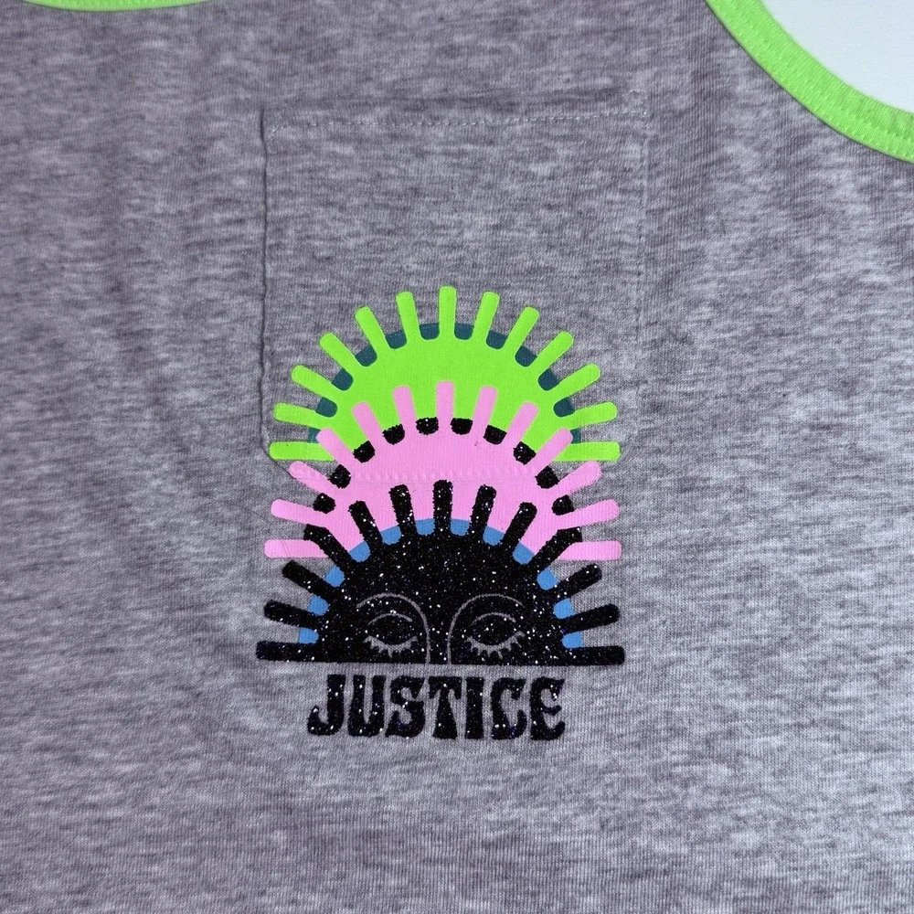 Justice Girls Grey Tank Top Neon Green Trim Graphic Pocket Size L 12/14